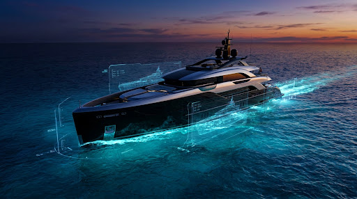 Ultra-sleek modern luxury 90-meter black and chrome superyacht cruising through ocean waters